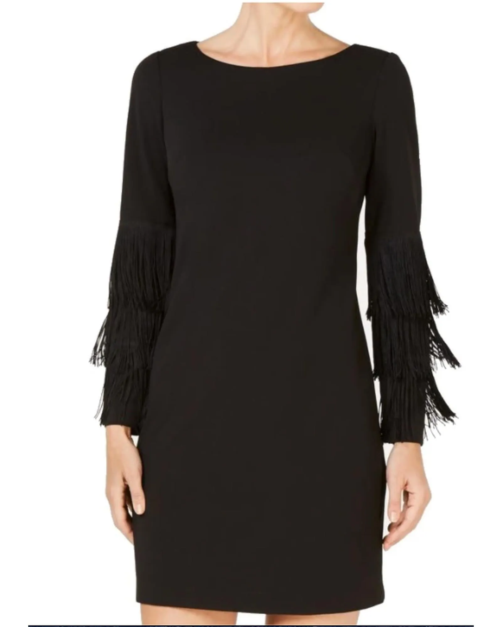 Adrianna Papell Fringe-Sleeve Sheath Dress - Black