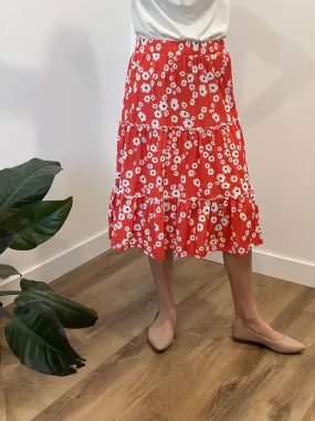 Amara Floral Tiered Midi Skirt in Floral Red