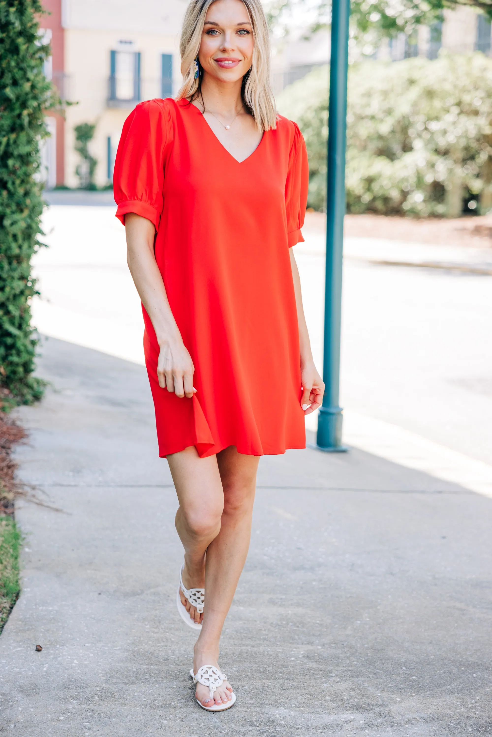 At First Sight Tomato Red Puff Sleeve Dress