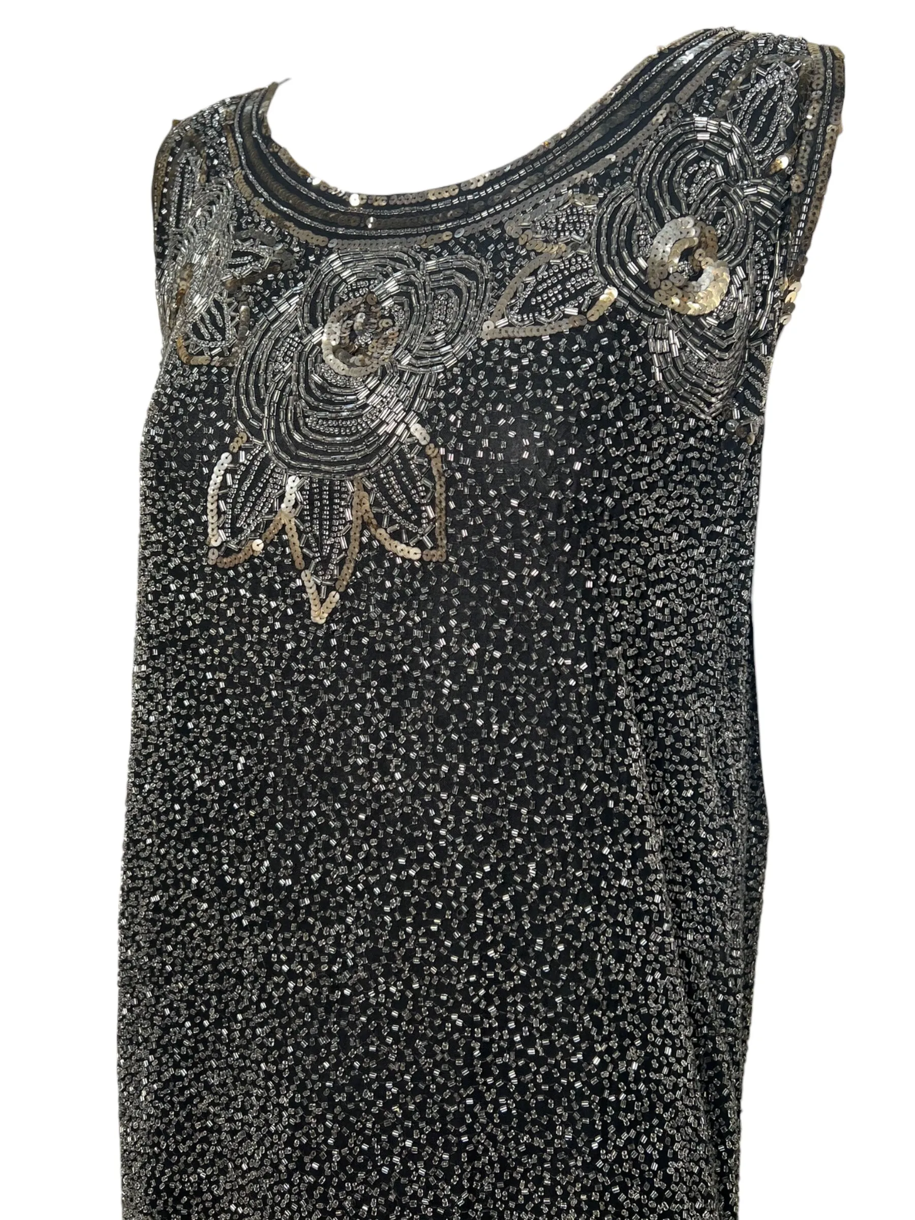 Authentic 1920's Gold and Silver Cotton Beaded and Sequined Black Shift Dress