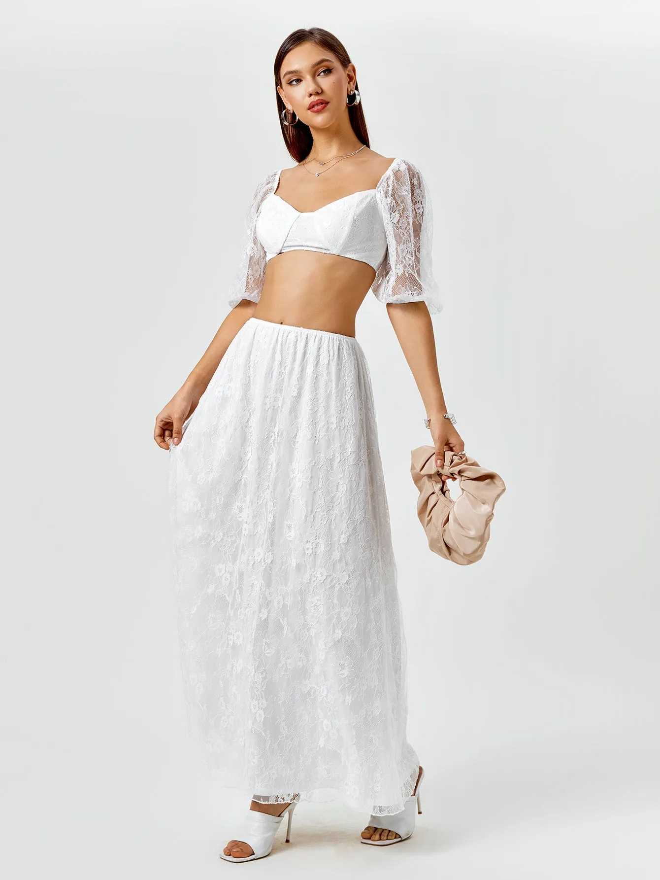 Backless Zipper Lace Crop Top&Lace A-Line Skirt