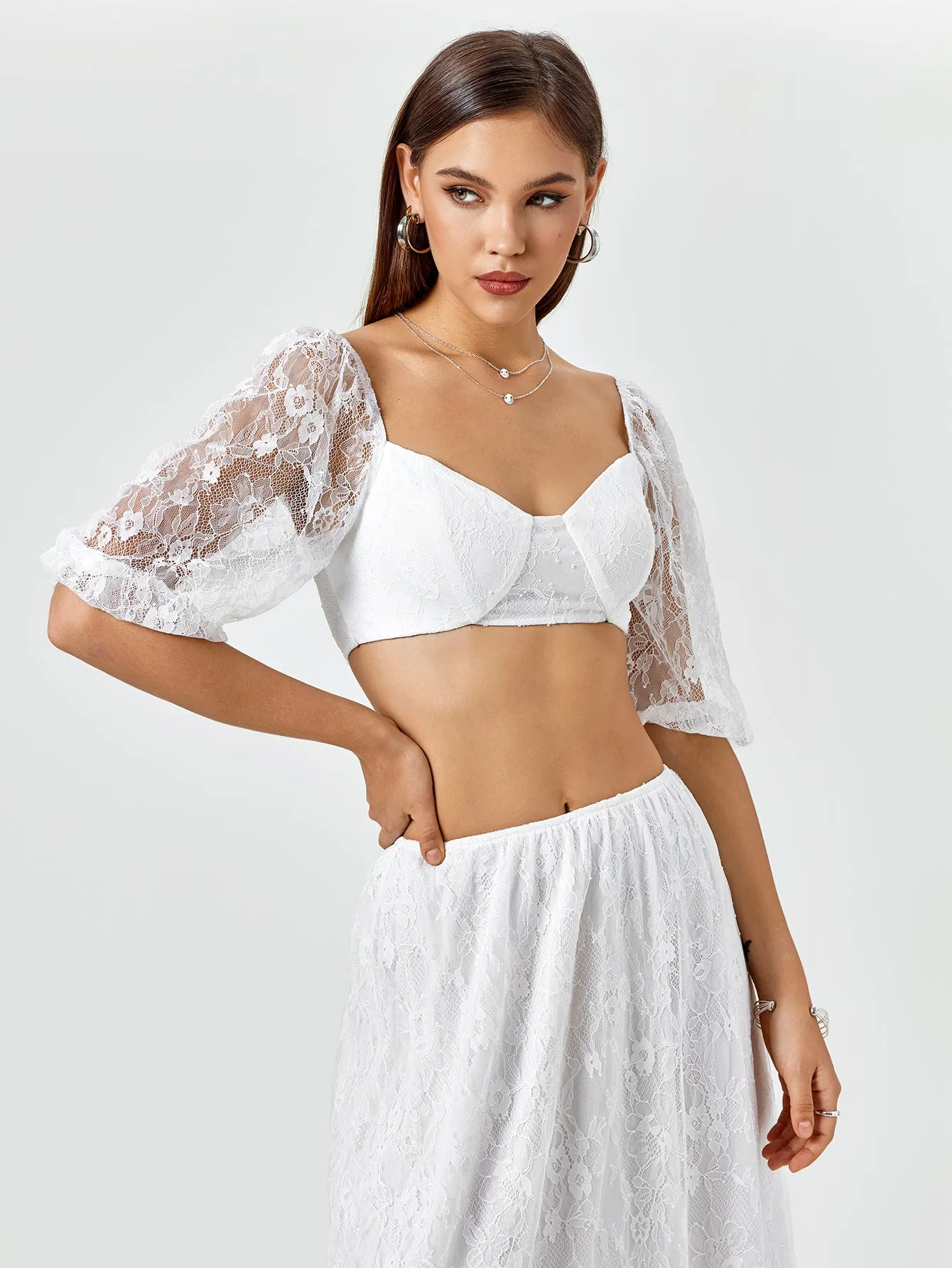 Backless Zipper Lace Crop Top&Lace A-Line Skirt