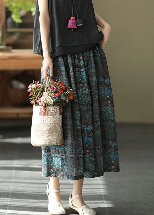 Beautiful Blue Patchwork Print A Line Fall Ramie Skirts