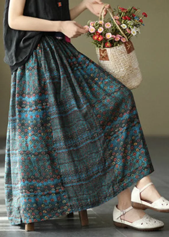 Beautiful Blue Patchwork Print A Line Fall Ramie Skirts