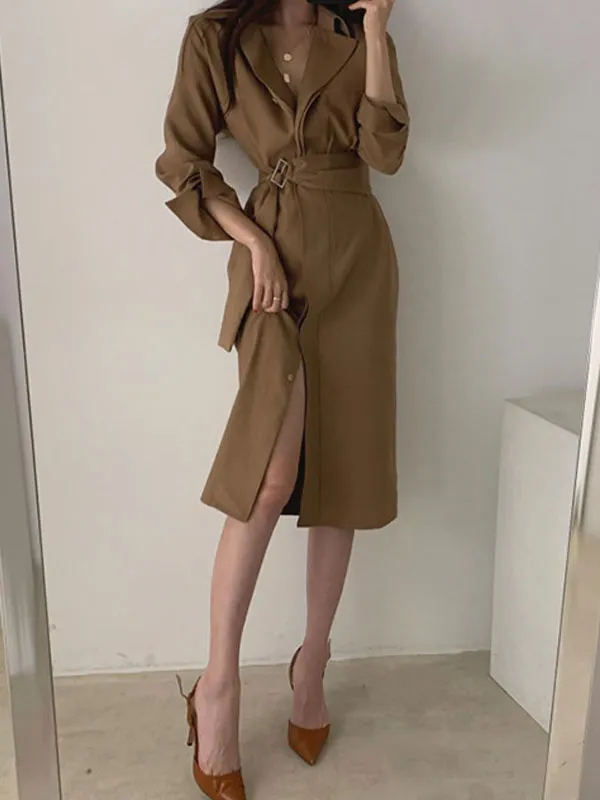 Belted Long Sleeve Shirt Midi Dresses