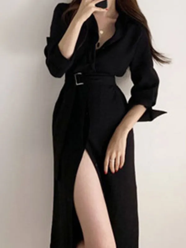 Belted Long Sleeve Shirt Midi Dresses