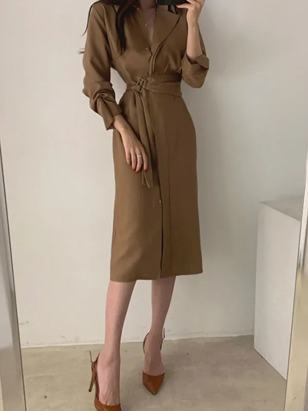 Belted Long Sleeve Shirt Midi Dresses