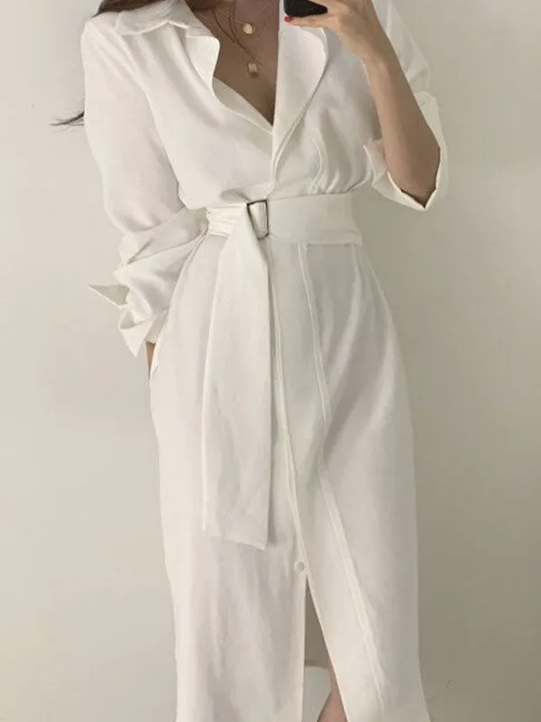 Belted Long Sleeve Shirt Midi Dresses