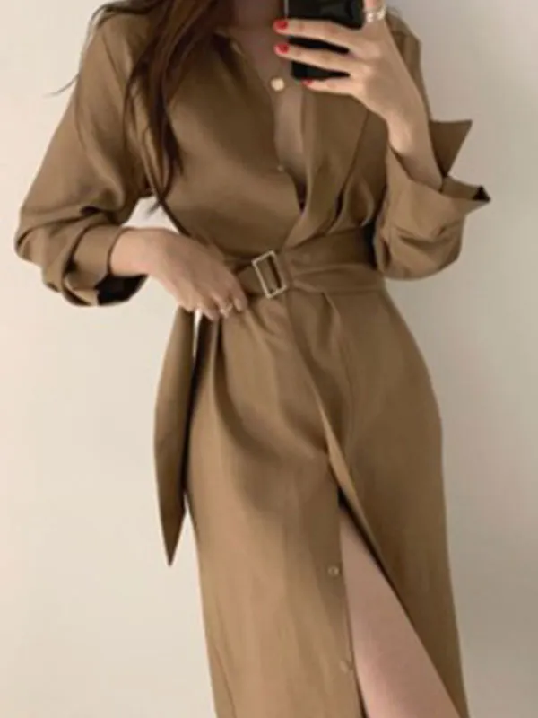 Belted Long Sleeve Shirt Midi Dresses