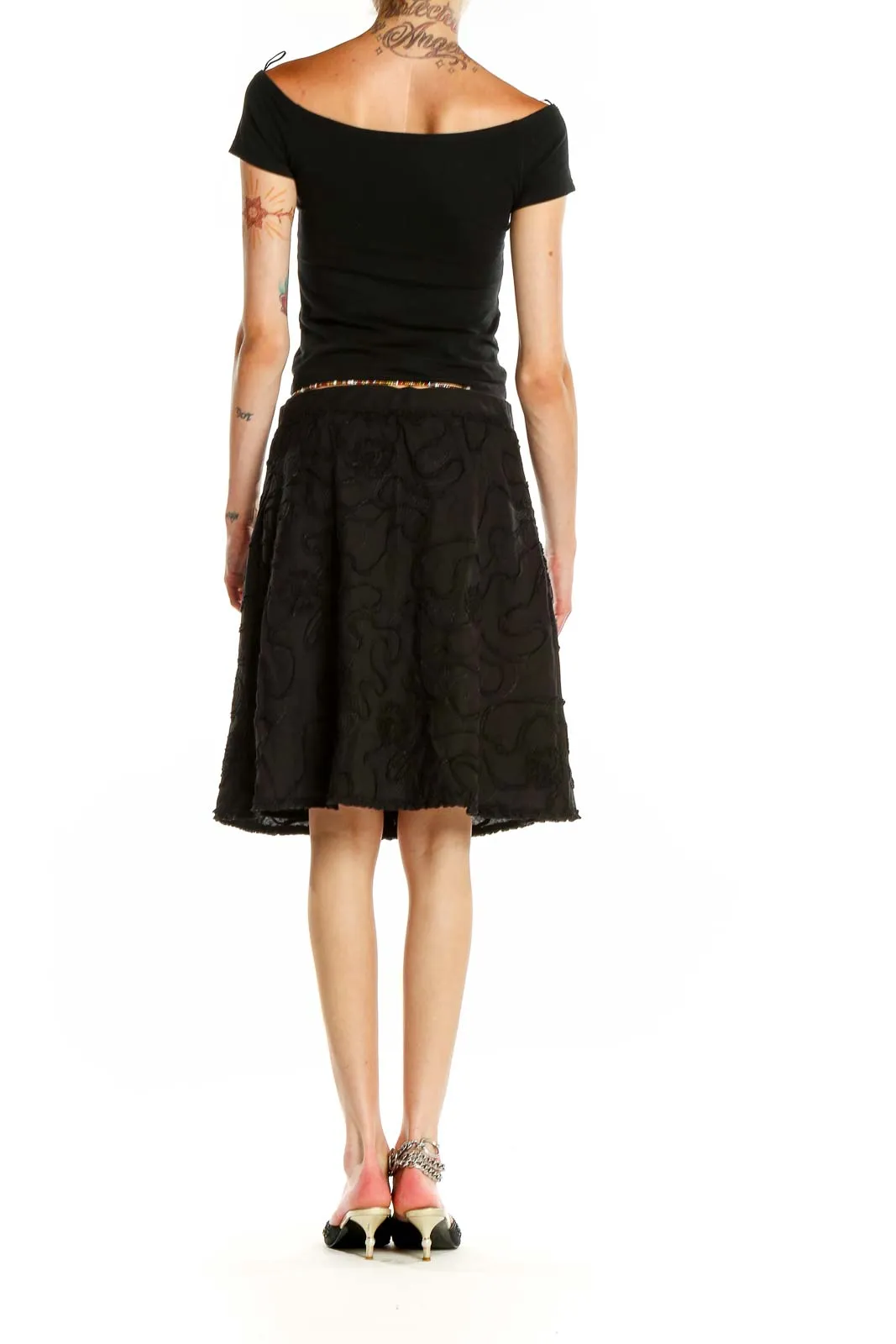 Black Floral Embroidered A-Line Skirt