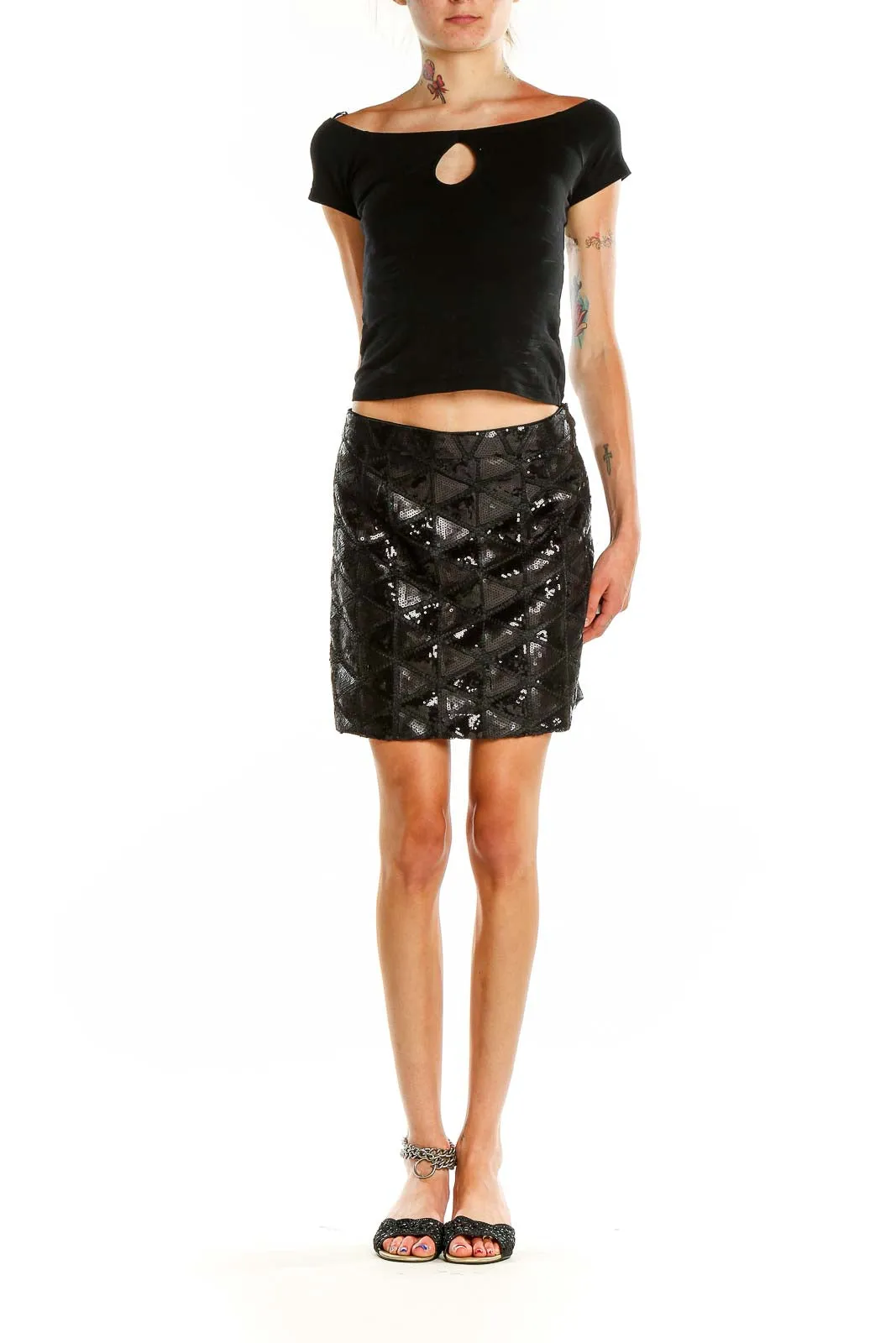 Black Sequin Geometric Mini Skirt