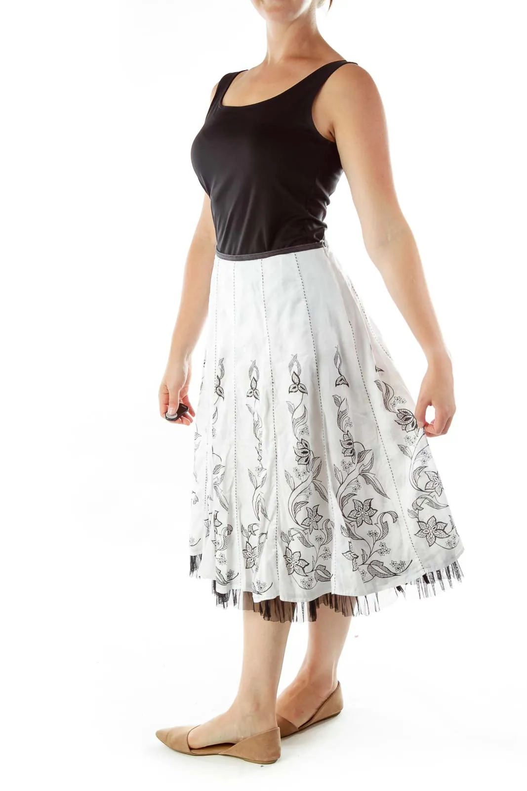 Black White Floral Print Midi Skirt