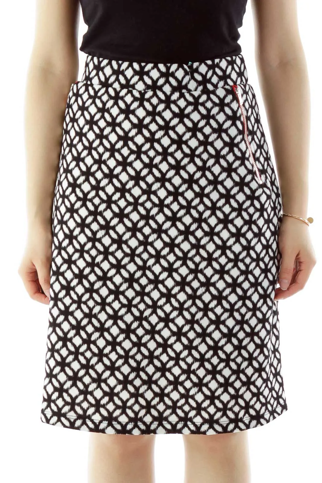 Black White Geometric Print Zip Pocket Detail Skirt