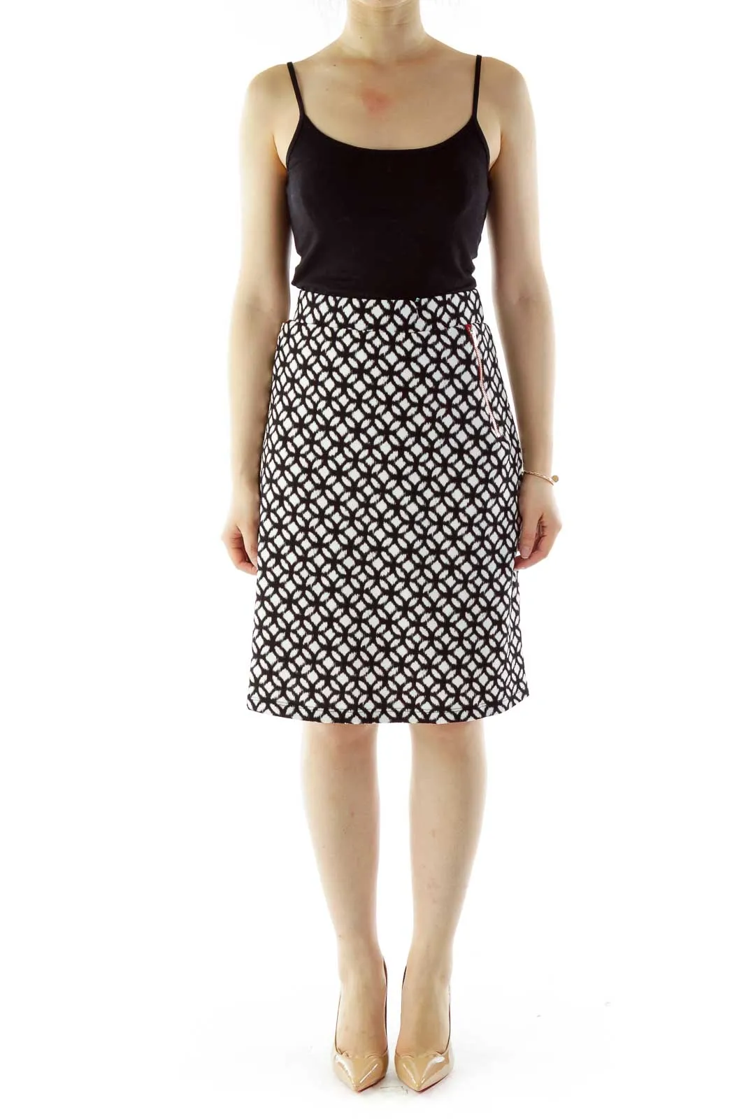 Black White Geometric Print Zip Pocket Detail Skirt