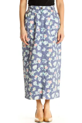 Blue Floral Print Holiday Straight Skirt