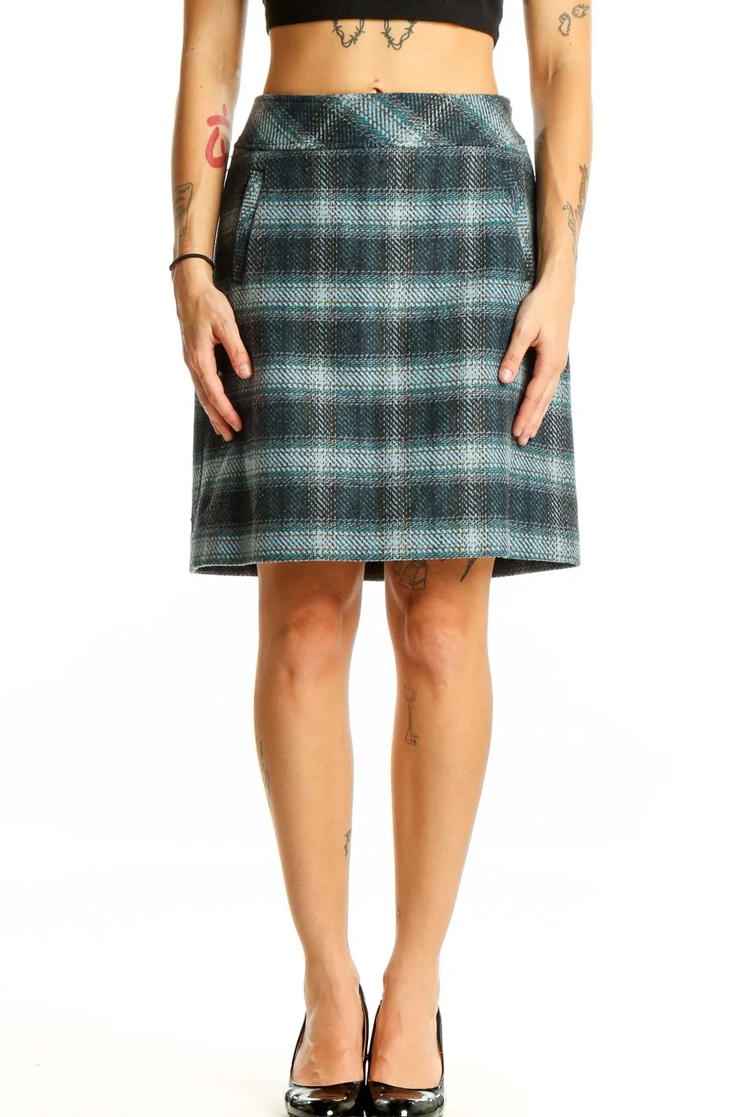 Blue Plaid Wool Blend A-Line Skirt