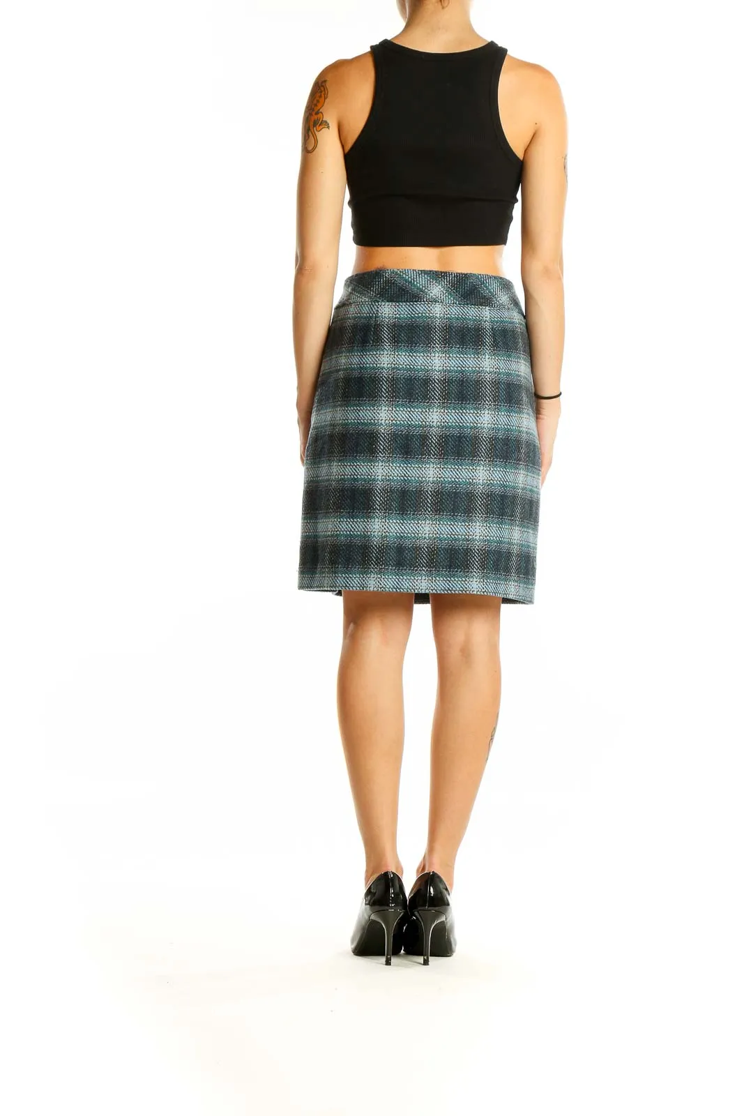 Blue Plaid Wool Blend A-Line Skirt