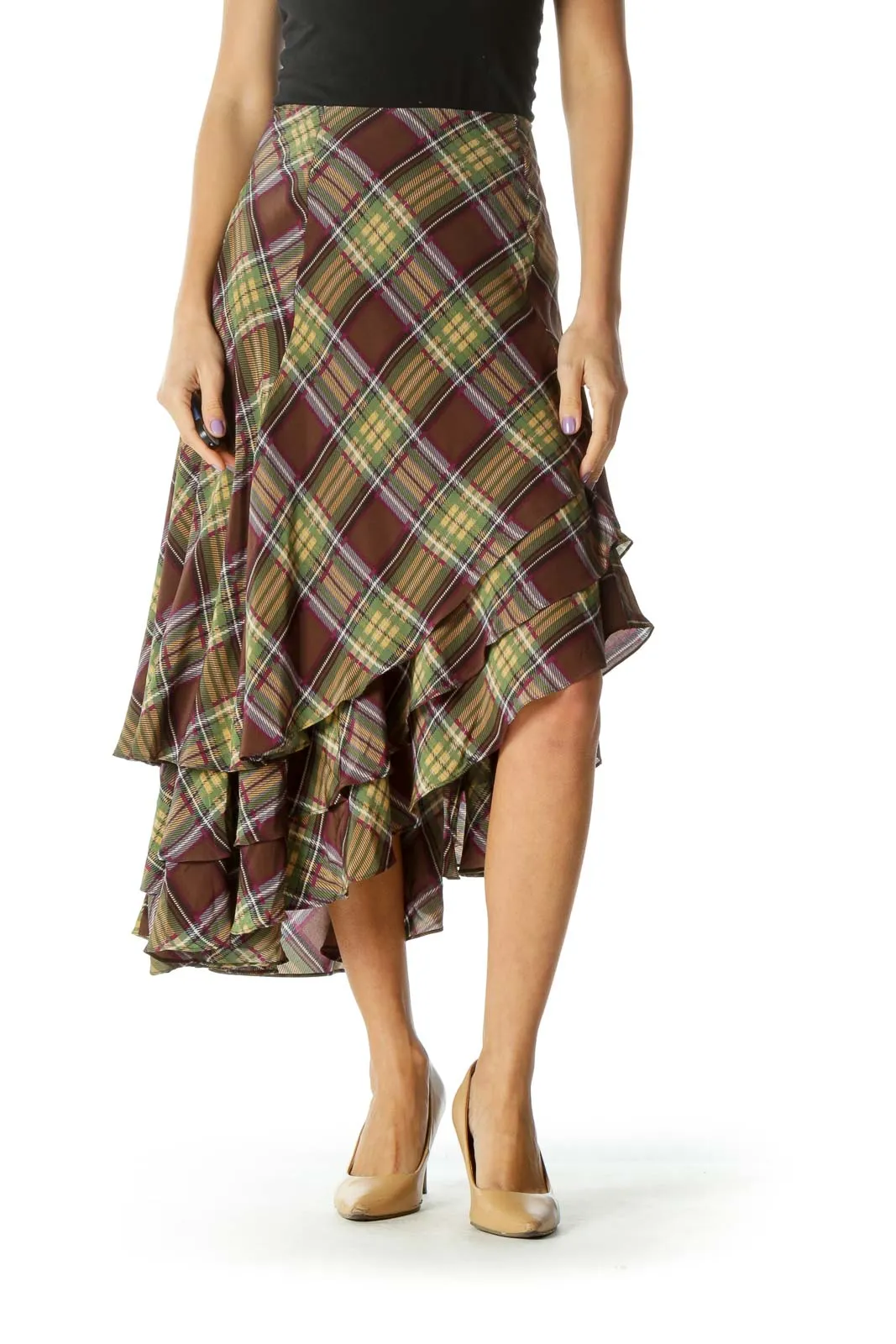 Brown and Green Multicolor Plaid Skirt