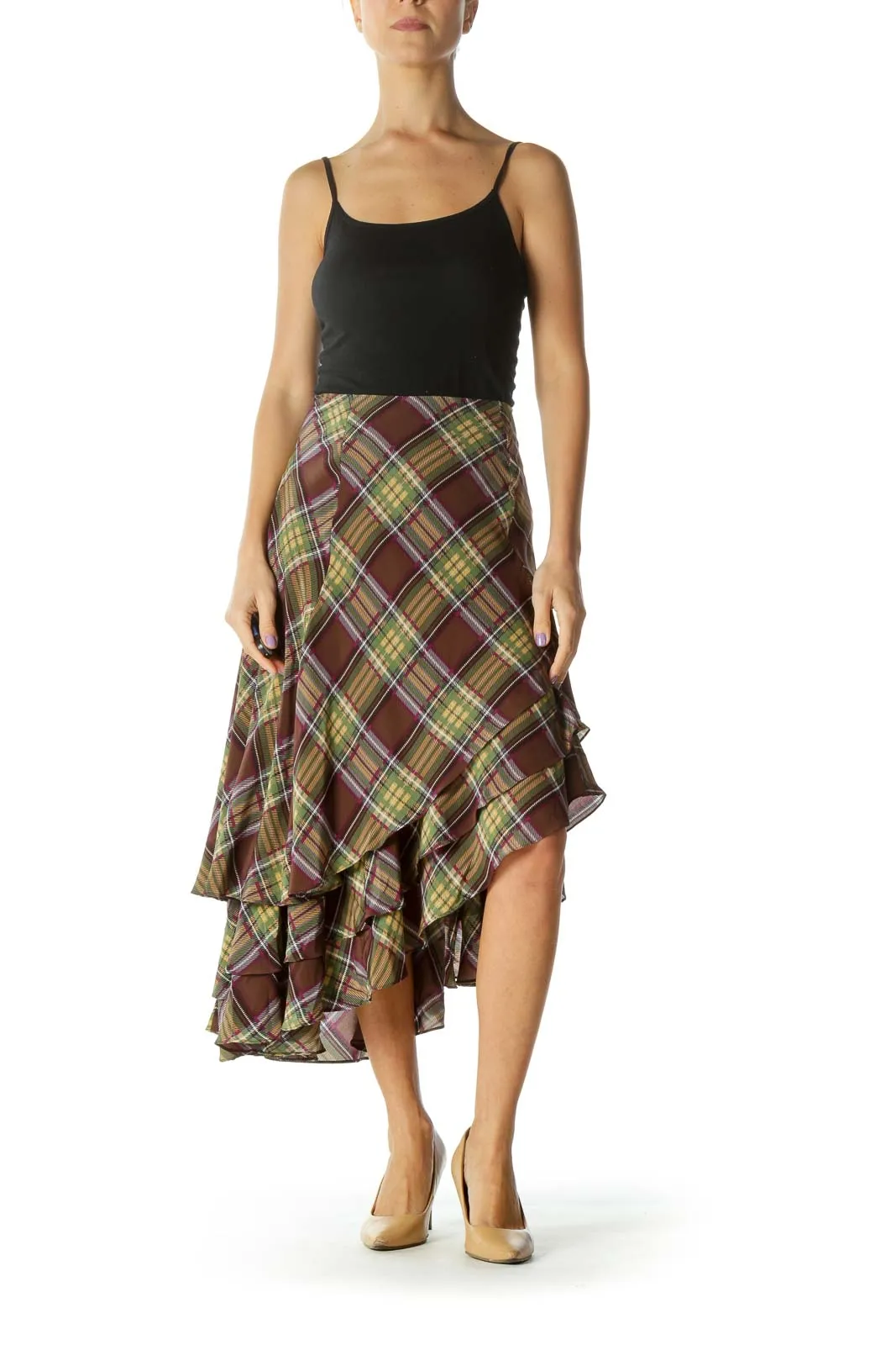 Brown and Green Multicolor Plaid Skirt