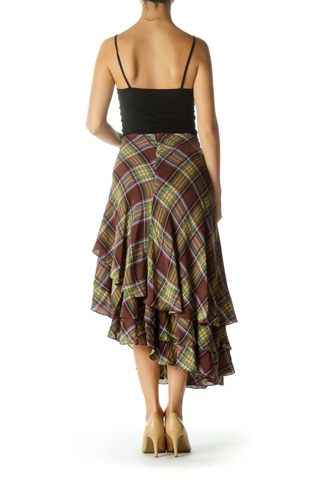 Brown and Green Multicolor Plaid Skirt