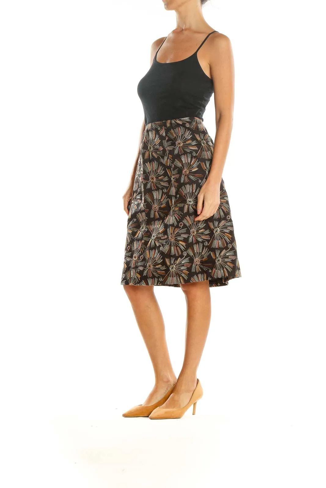 Brown Embroidered Retro A-Line Skirt