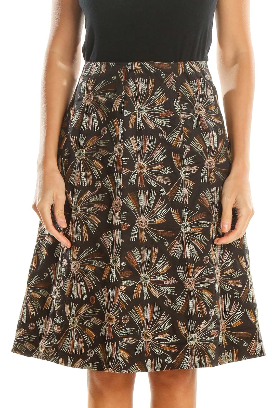 Brown Embroidered Retro A-Line Skirt