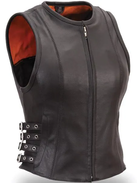 Buckled Zip Front Leather Vest By TJS