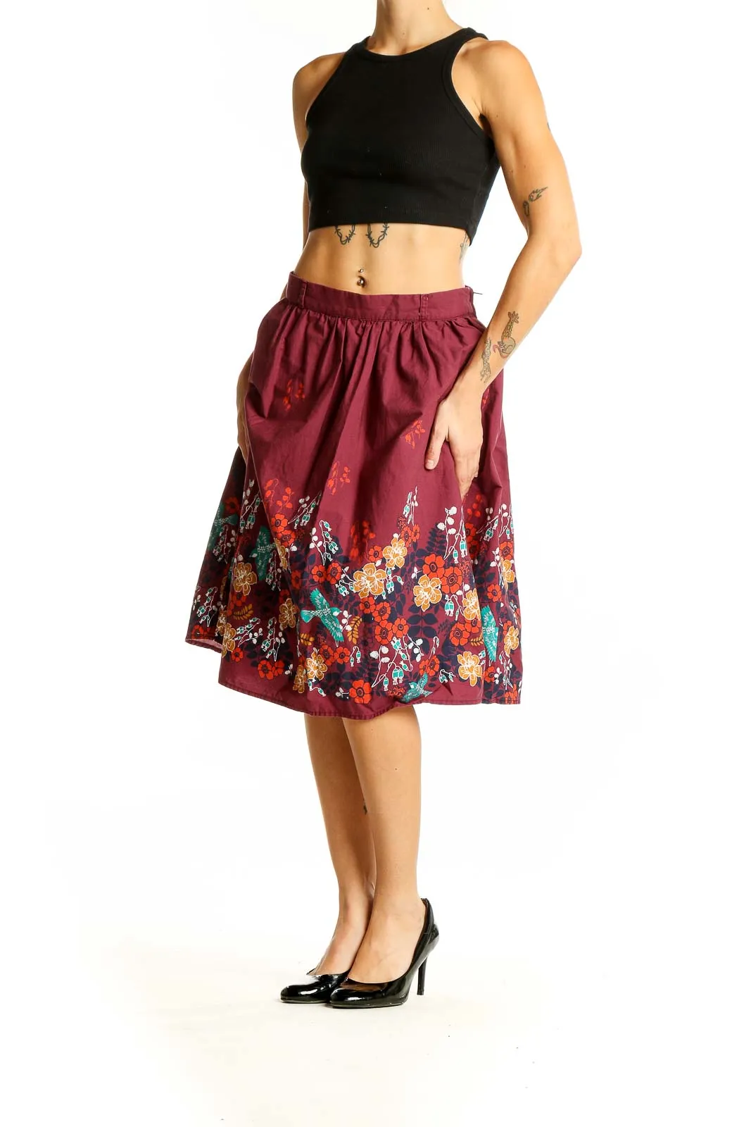 Burgundy Floral Print Cotton Skirt