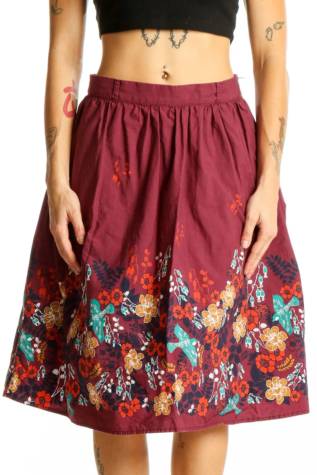 Burgundy Floral Print Cotton Skirt