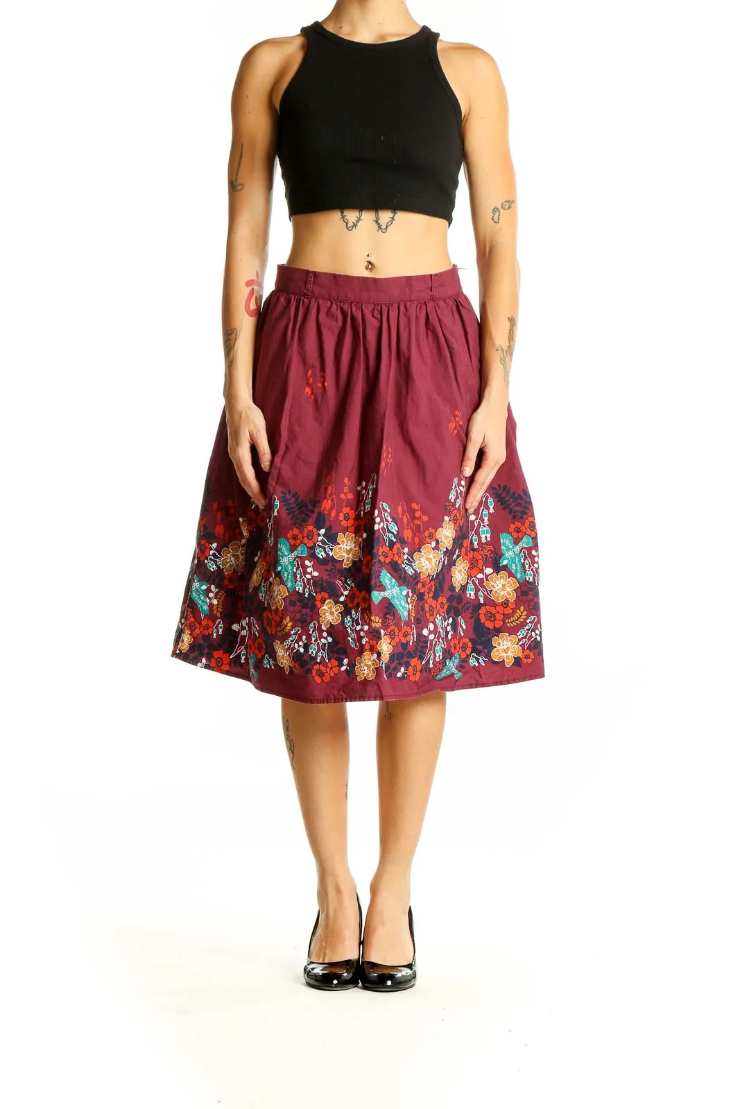 Burgundy Floral Print Cotton Skirt