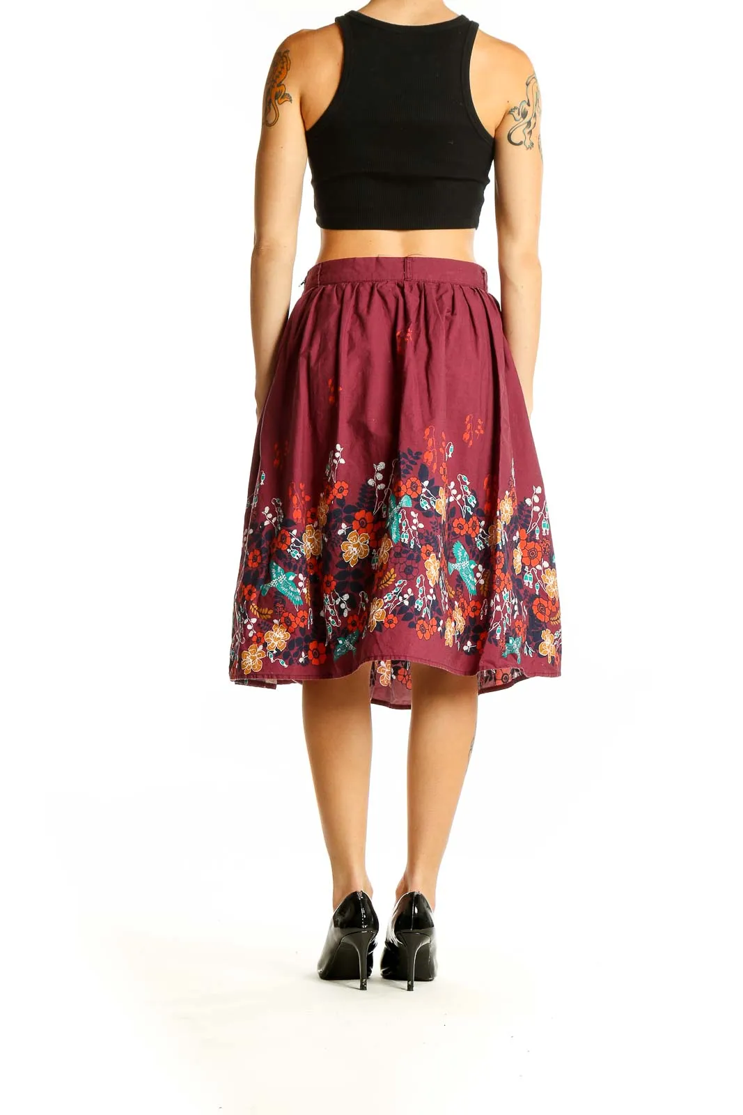 Burgundy Floral Print Cotton Skirt