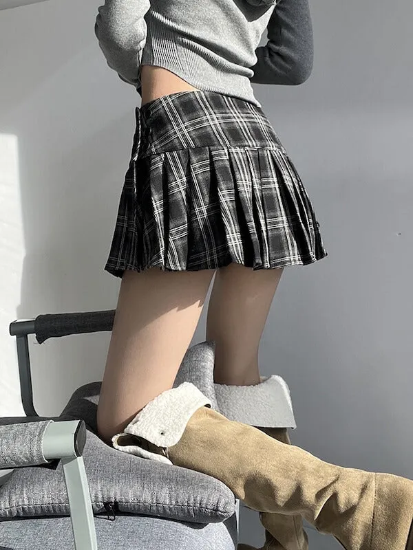 Casual retro pleated plaid skirt