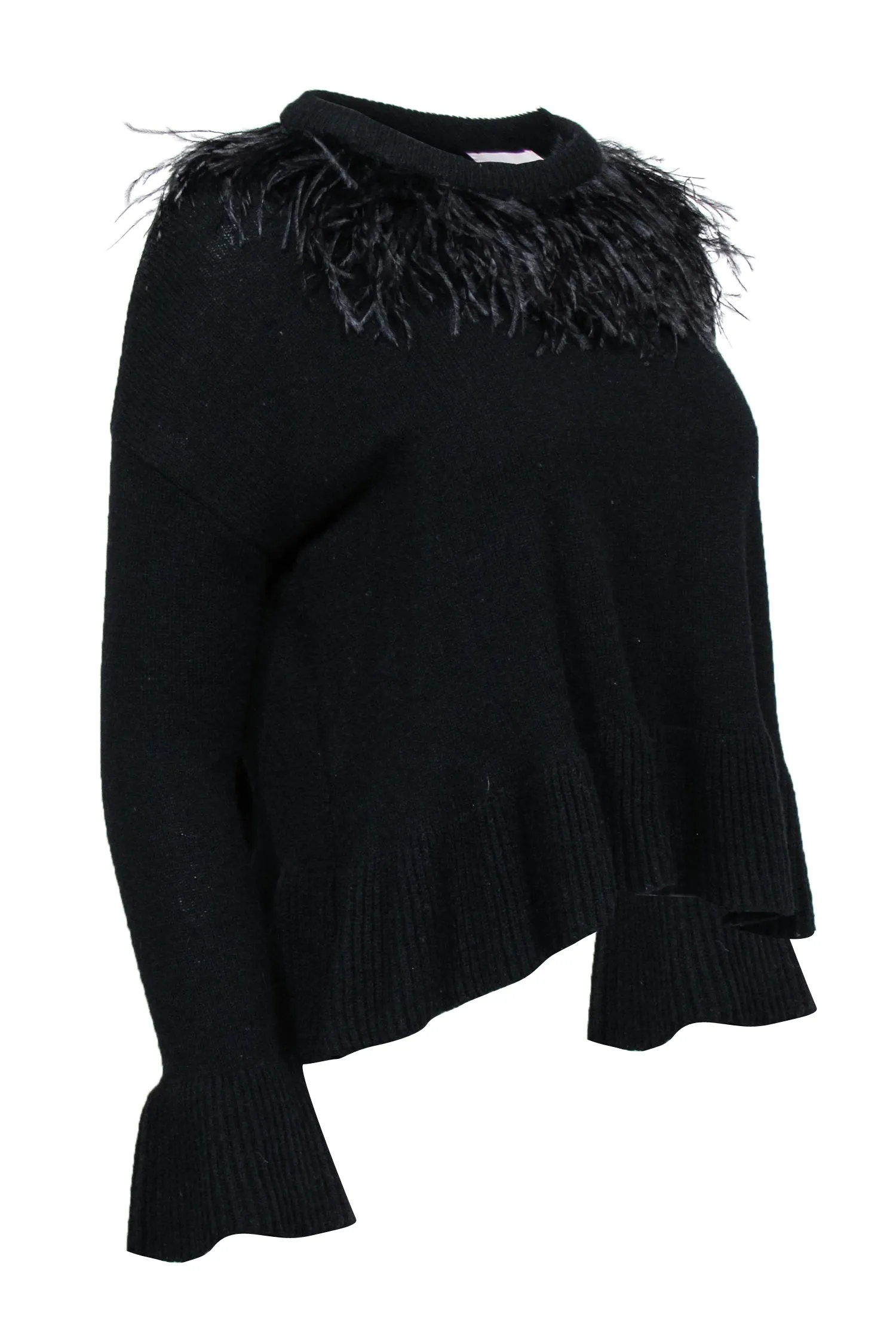 Cinq a Sept - Black Wool Blend Ribbed Knit Sweater w/ Feathers Sz XS