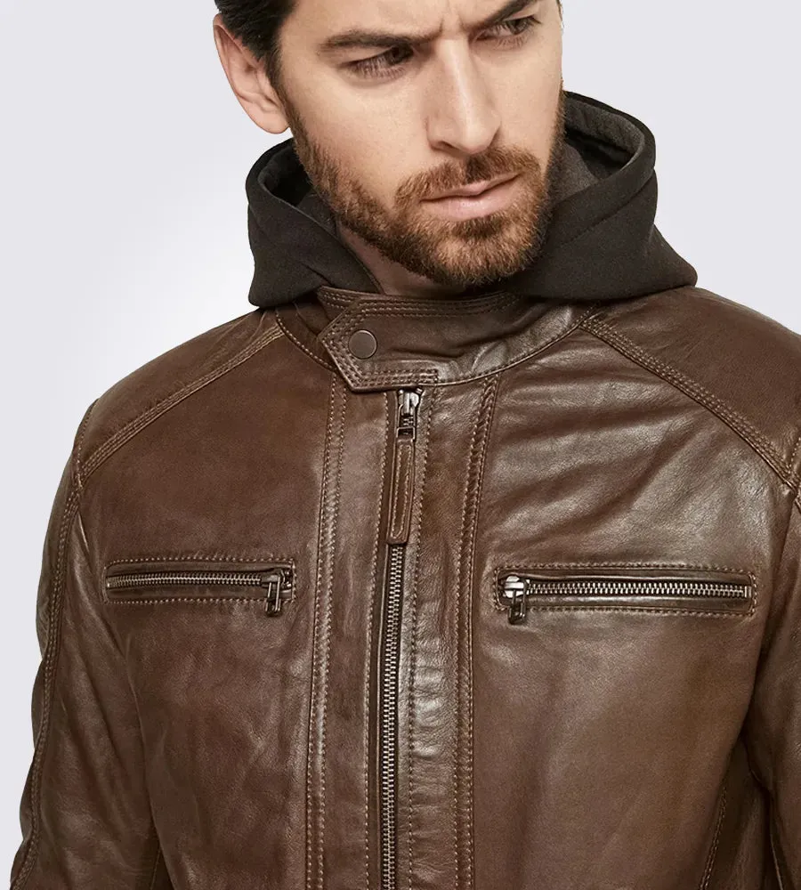 Dark Brown Hooded Motorcycle Leather Jacket