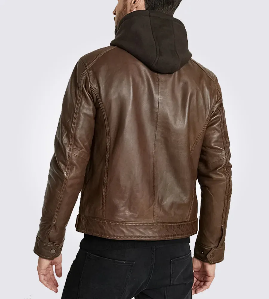 Dark Brown Hooded Motorcycle Leather Jacket