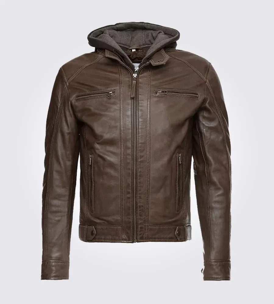 Dark Brown Hooded Motorcycle Leather Jacket