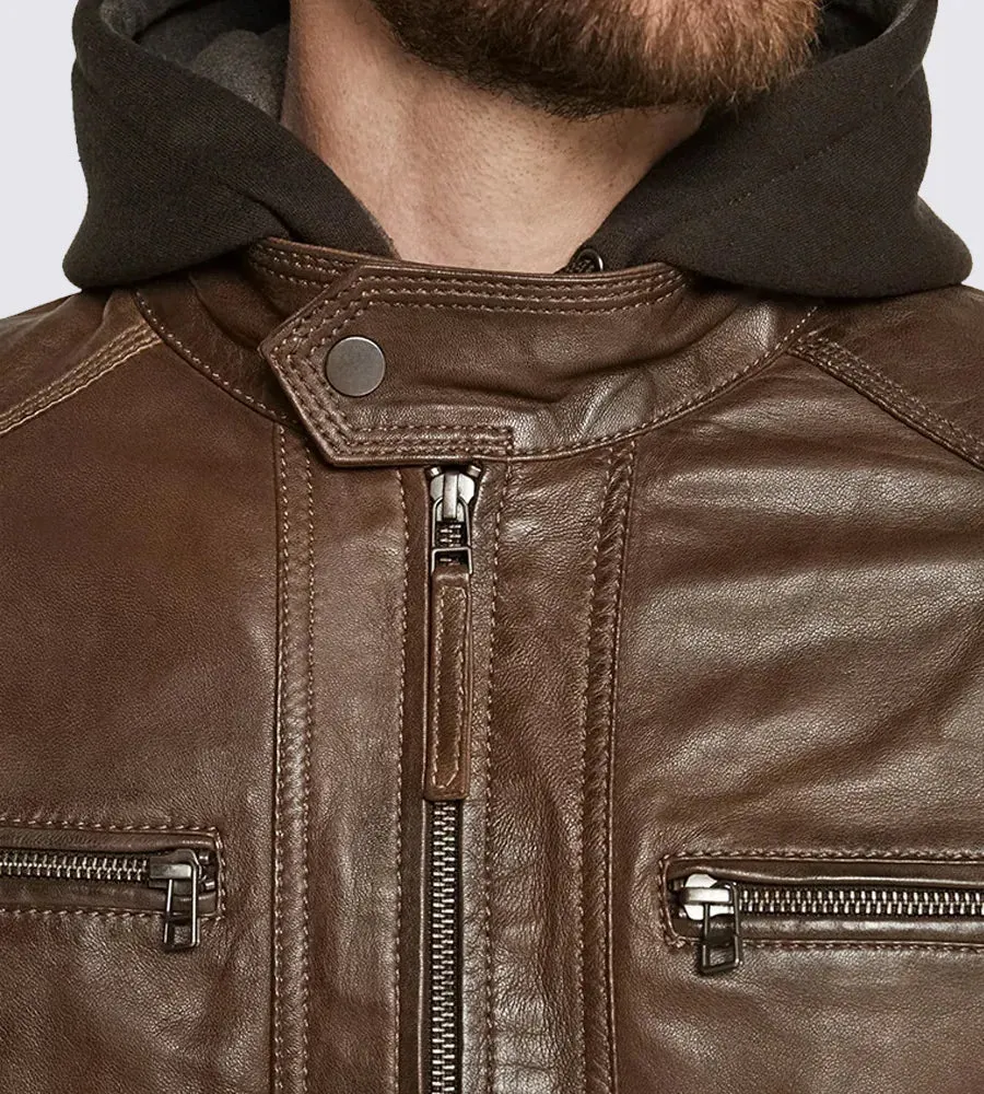 Dark Brown Hooded Motorcycle Leather Jacket