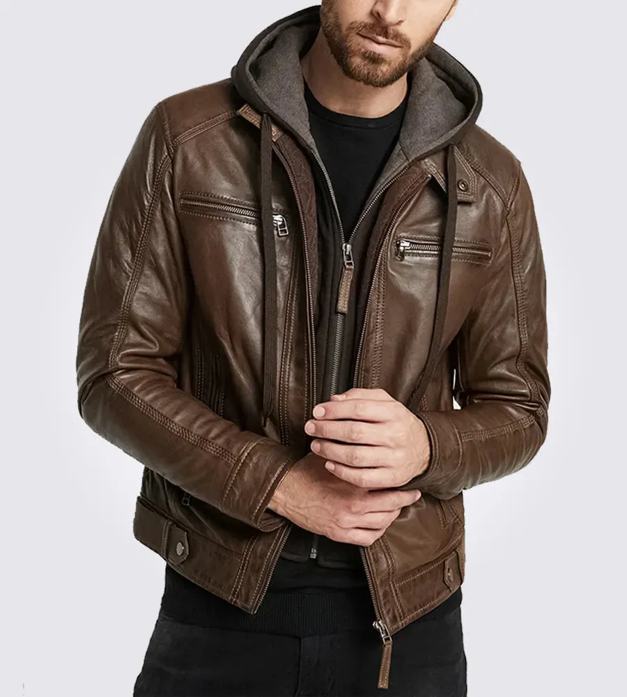 Dark Brown Hooded Motorcycle Leather Jacket