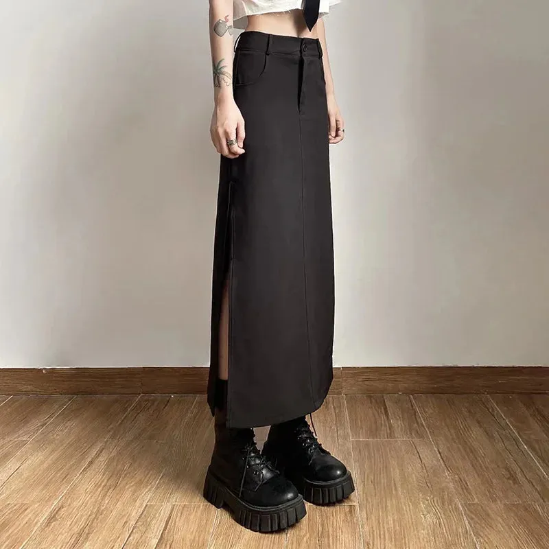 Dark Y2K Streetwear Black Cargo Midi Skirt with High Waist and Split Design