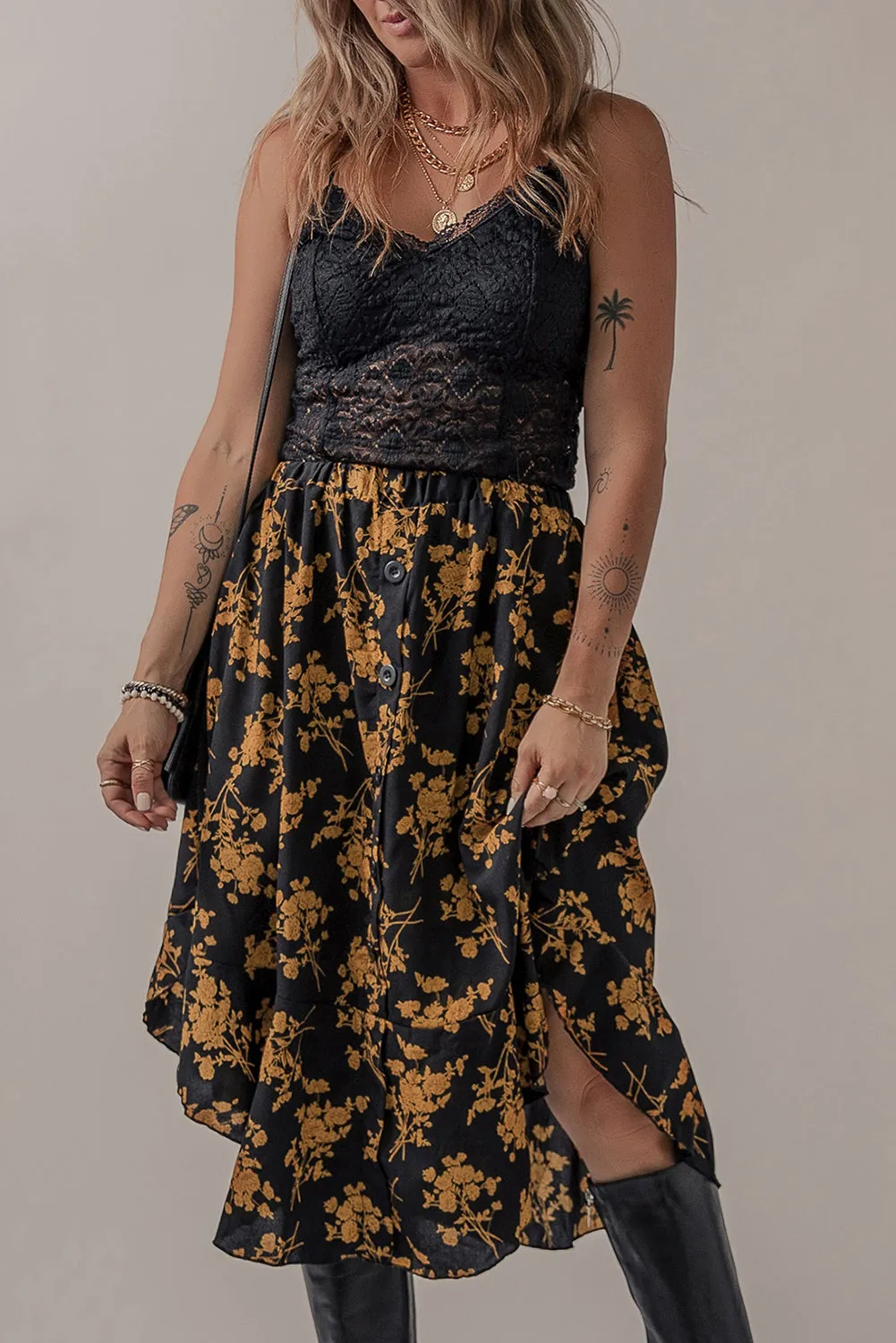 Elastic Waist Floral Ruffle Skirt