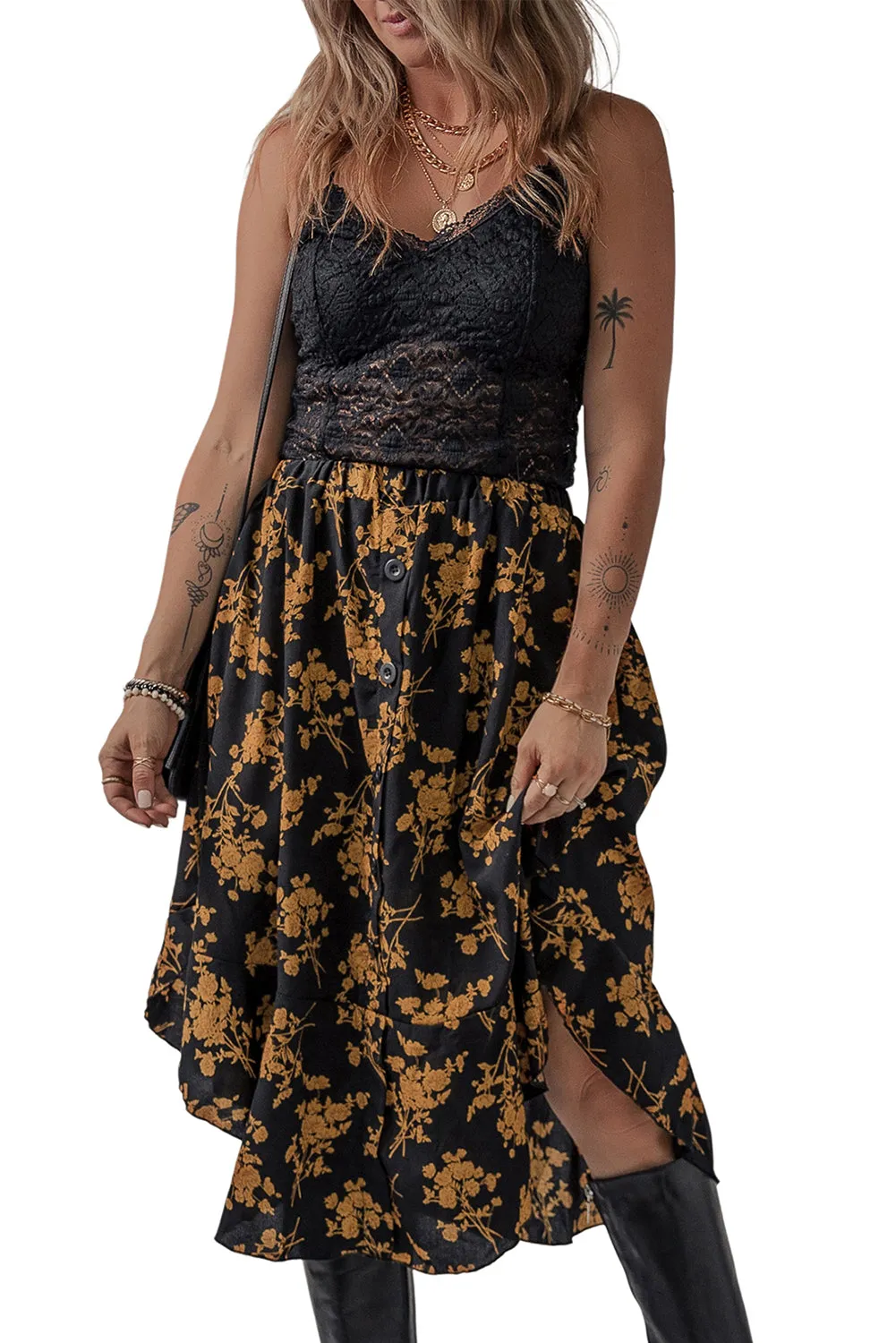 Elastic Waist Floral Ruffle Skirt