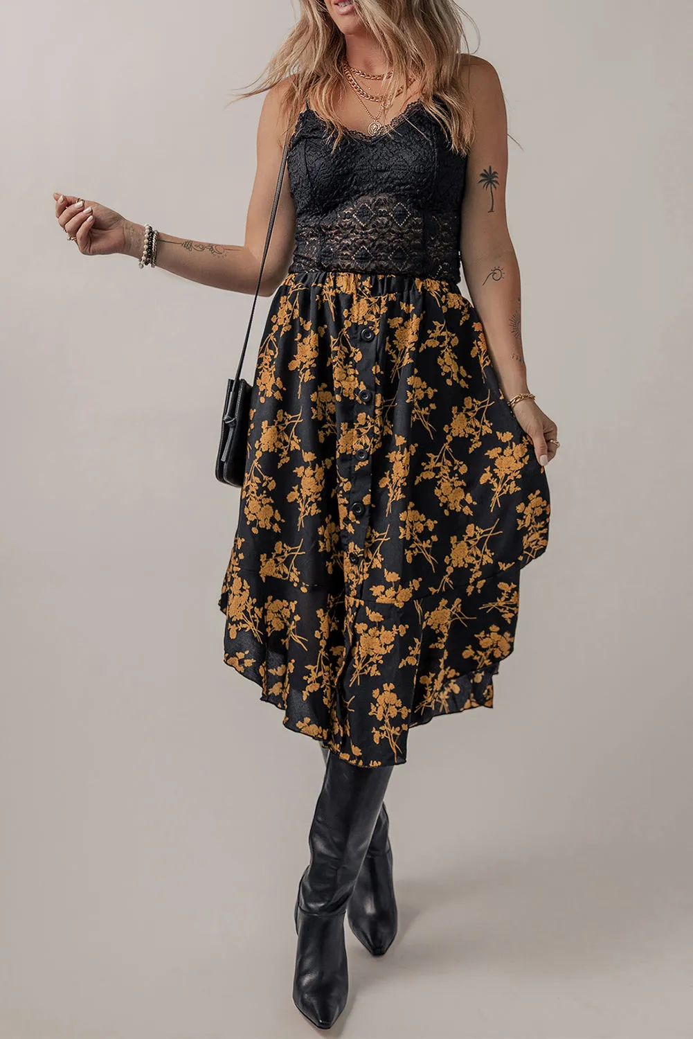 Elastic Waist Floral Ruffle Skirt