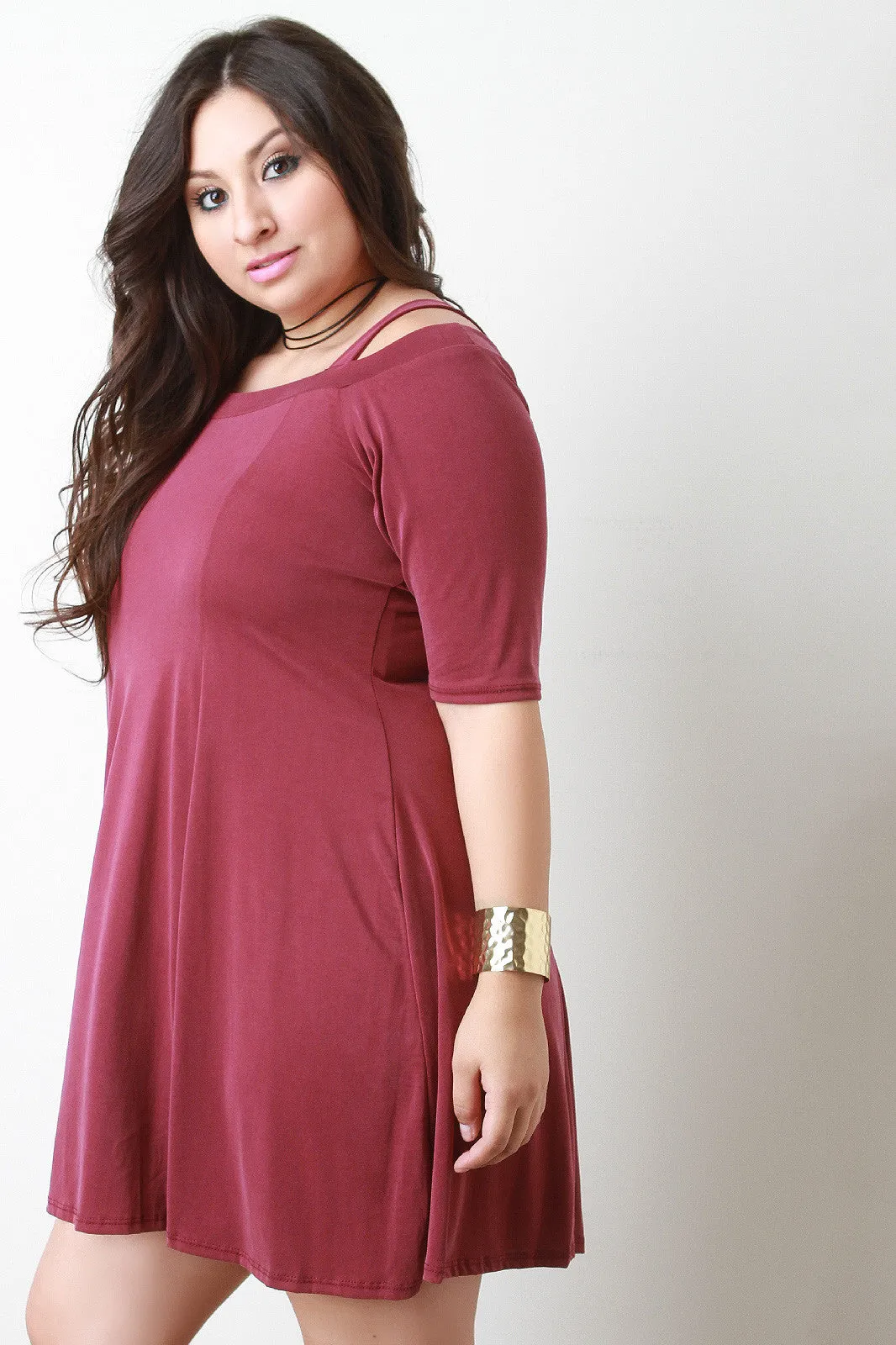 Elbow Sleeve Cold Shoulder Shift Dress