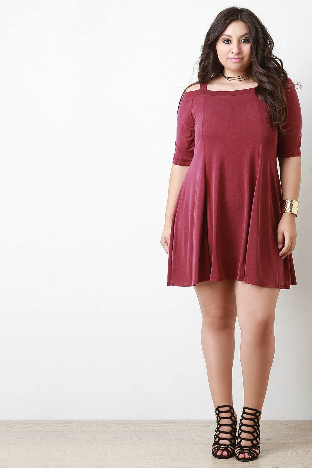 Elbow Sleeve Cold Shoulder Shift Dress