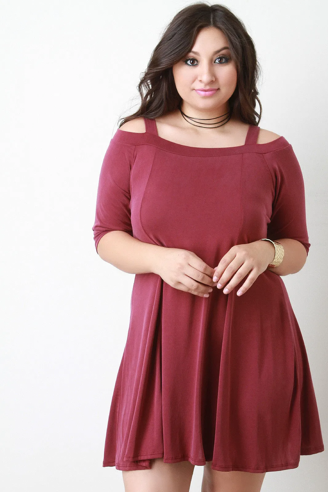 Elbow Sleeve Cold Shoulder Shift Dress