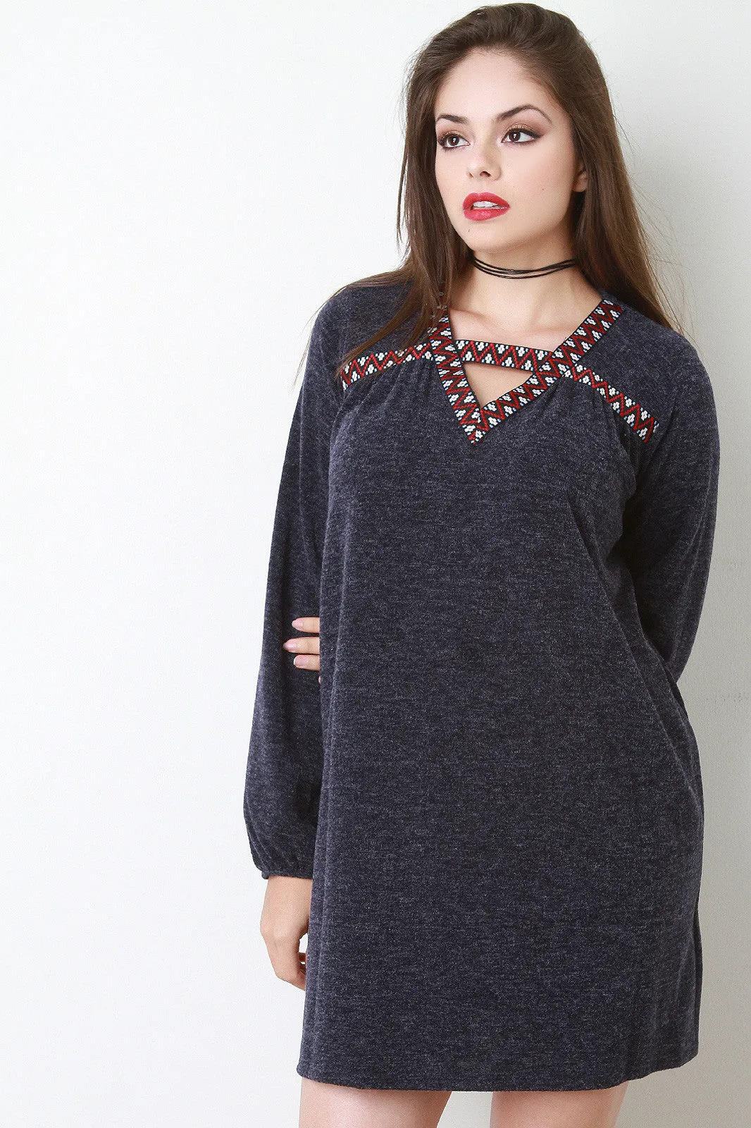 Embroidered Accent Melange Knit Shift Dress