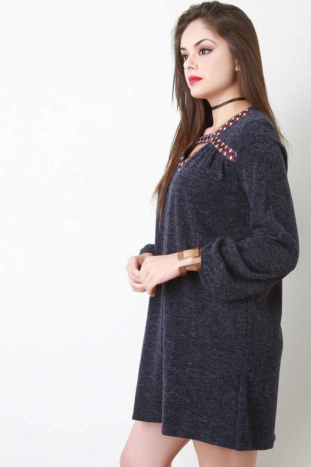 Embroidered Accent Melange Knit Shift Dress