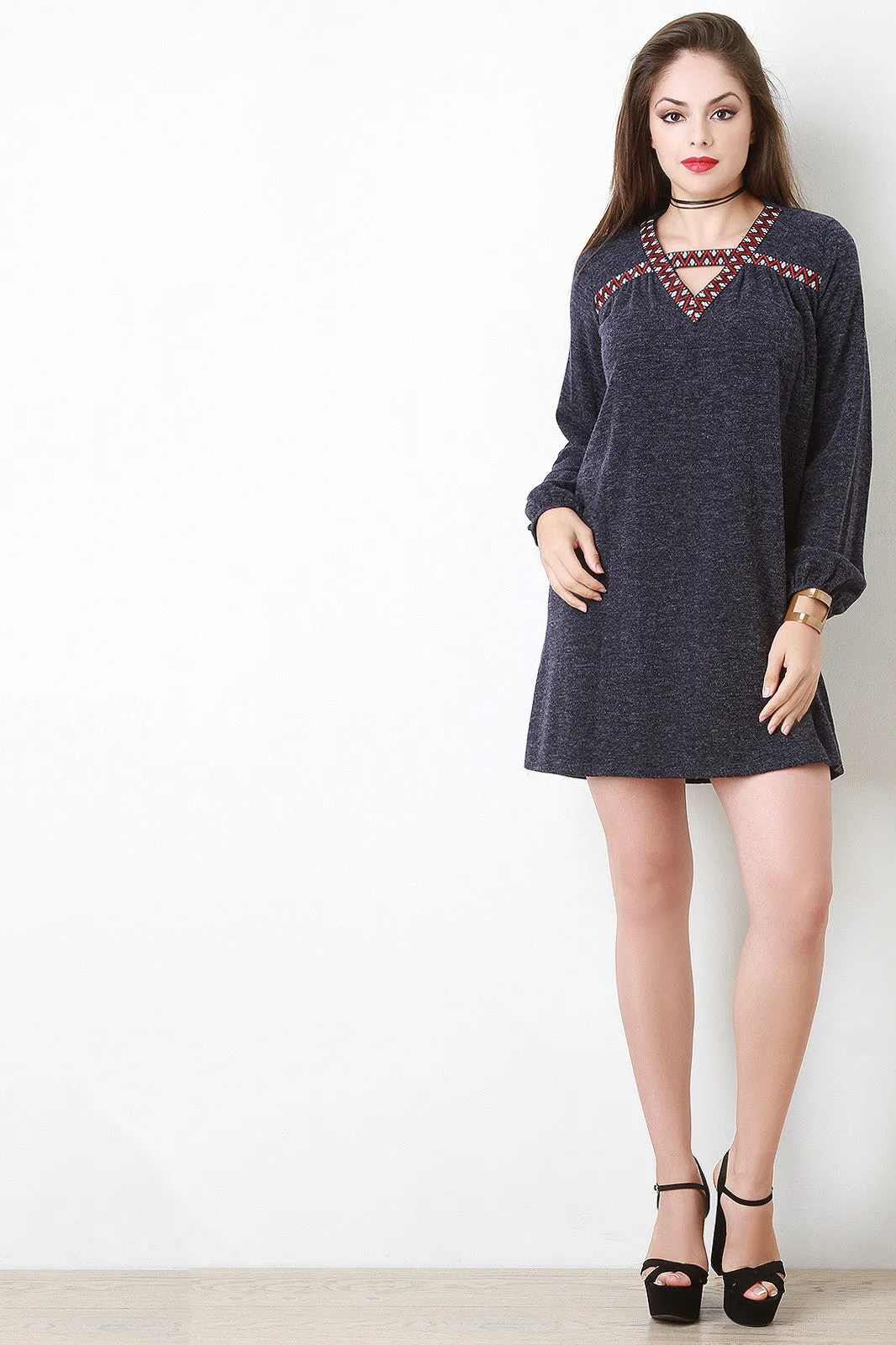 Embroidered Accent Melange Knit Shift Dress