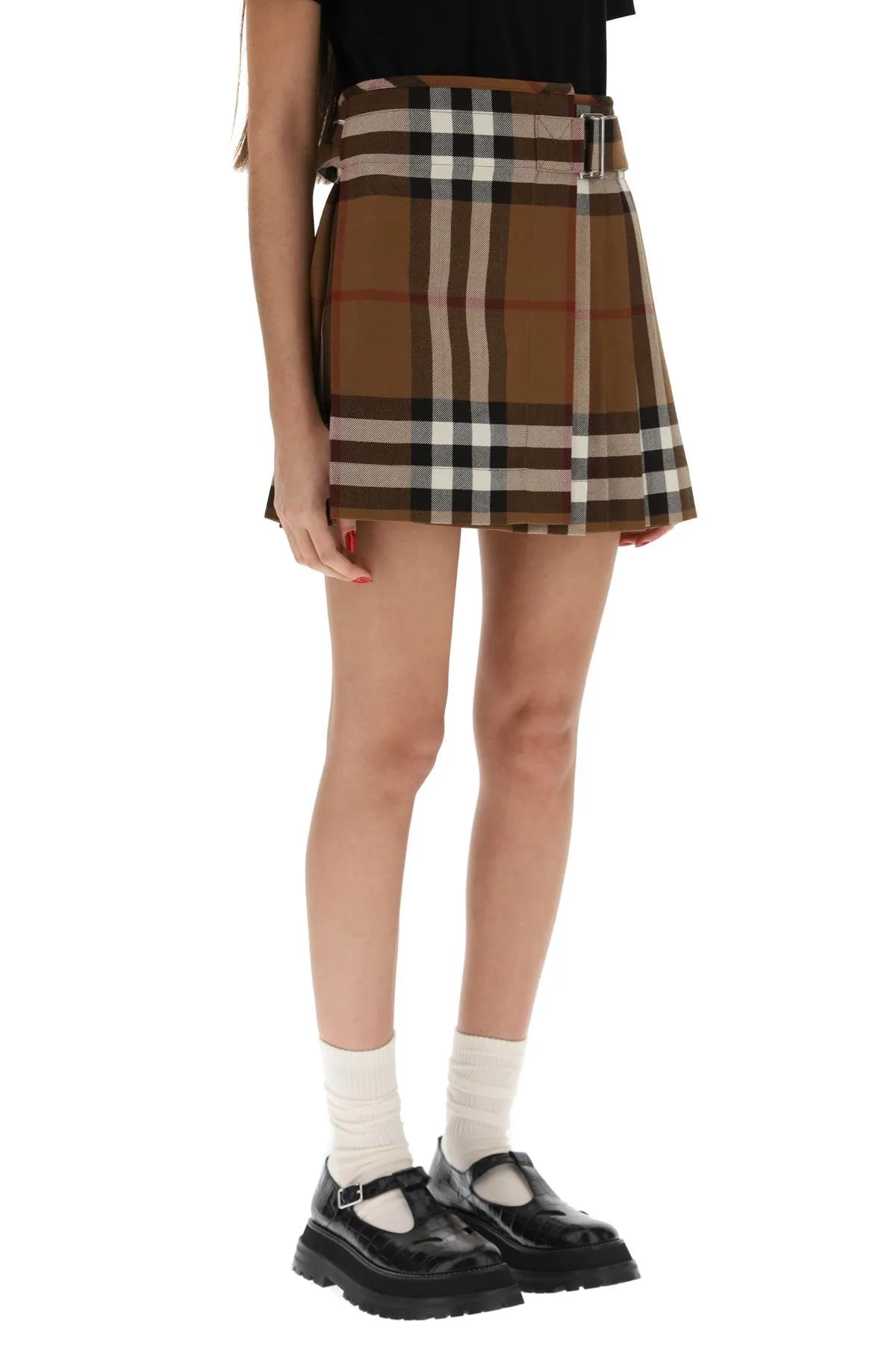 exaggerated check pleated wool mini skirt