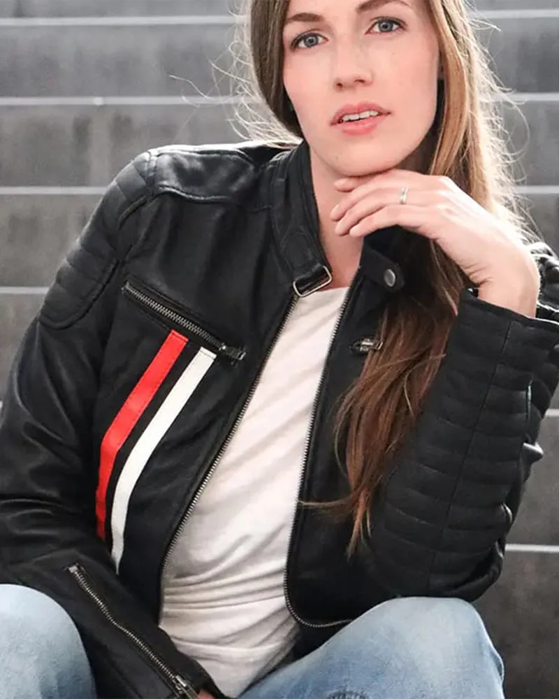 Fashionable Red Leather Biker Jacket with White and Blue Stripes